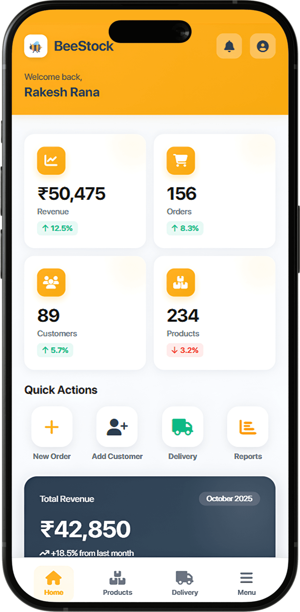 BeeStock home screen showing inventory management dashboard